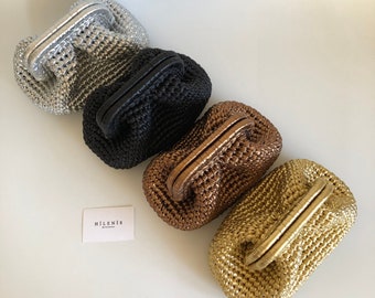 Modern Metallic Handmade Clutch Bag For Women, Evening Crochet Pouch Bag, Beach Wedding Small Clutch Purse