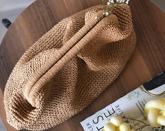 Crochet Raffia Clutch Bag, Dumpling Straw Cloud Bag, Small Raffia Beige Pouch Clutch Bag For Women