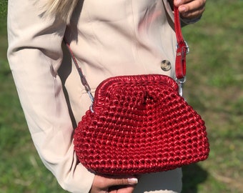 Metallic Red Pouch Clutch Bag, Evening Crossbody Bag, Crochet Wedding Purse For Women