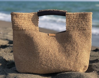 Crochet Raffia Tote Bag, Summer Shopper Bag For Women, Straw Beach Tote Bag, Crochet Market Bag