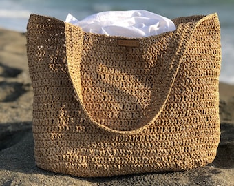 Crochet Raffia Tote Bag, Summer Straw Shopping Bag For Women, Straw Beach Shoulder Bag