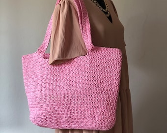 Straw Beach Shoulder Bag, Crochet Woven Raffia Large Tote Bag, Summer Straw Bag
