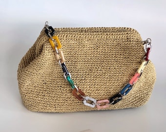 Small Raffia Natural Color Clutch Bag For Women, Straw Knitted Raffia Bag, Straw Summer Bag, Handmade Gift