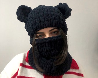 Black Bear Balaclava Mask, Knitted Balaclava Unisex, Animal Balaclava, Balaclava With Ears, Crochet Snow Mask, Ski Mask