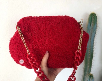 Red Soft Teddy Pouch Clutch Bag, Crochet Puffy Dumpling Bag, Fluffy Teddy Pouch Purse With Hidden Metal Locked