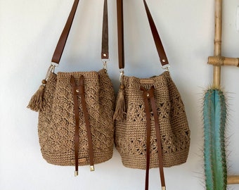 Handmade Raffia Bucket Bag, Boho Woven Bag For Women, Luxury Crossbody Bag in Leather Accessories