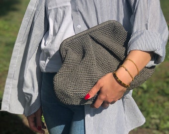 Raffia Gray Clutch Bag For Wedding, Straw Knitted Raffia Bag, Raffia Cloud Bag, Pouch Clutch Bag With Hidden Metal Locked