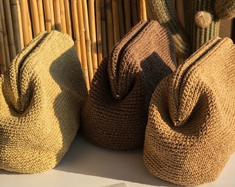 Crochet Raffia Straw Color Clutch Bag, Woven Natural Summer Handbag, Knitted Raffia Pouch Clutch Bag