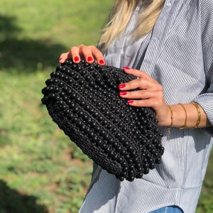 Bolso clutch de rafia con cuentas negras, bolso clutch de paja hecho a mano para mujer, bolso clutch de noche tejido