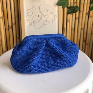 Handmade Saxe Raffia Clutch Bag, Blue Raffia Clutch Bag For Women, Straw Summer Clutch Bag
