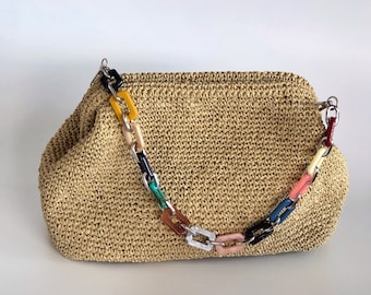 Small Raffia Natural Color Clutch Bag For Women, Straw Knitted Raffia Bag, Straw Summer Bag, Handmade Gift