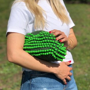 Green Raffia Beaded Clutch Bag For Women, Straw Beach Clutch Bag, Raffia Clutch Bag With Hidden Metal Locked