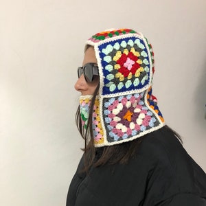Pasamontañas colorido de ganchillo para mujer, pasamontañas de algodón tejido a mano, pasamontañas cuadrado de abuela, pasamontañas de ganchillo