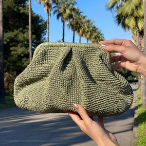 Handmade Khaki Pouch Clutch Bag, Raffia Cloud Bag, Raffia Clutch Bag For Wedding, Summer Straw Clutch Bag