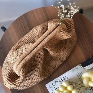 Handmade Crochet Raffia Clutch Bag, Woven Dumpling Pouch