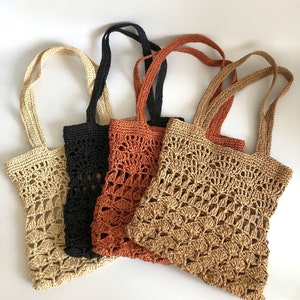 Crochet Summer Raffia Tote Bag, Straw Beach Shoulder Tote Bag, Raffia Mesh Minimal Boho Bag