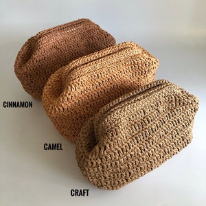 Crochet Camel Raffia Clutch Bag, Raffia Pouch Clutch Bag For Women, Knitted Straw Summer Mesh Bag