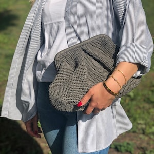 Raffia Gray Clutch Bag For Wedding, Straw Knitted Raffia Bag, Raffia Cloud Bag, Pouch Clutch Bag With Hidden Metal Locked