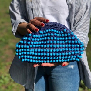 Bolso clutch con cuentas de rafia azul para mujer, bolso de rafia de punto de paja, bolso clutch de boda de verano