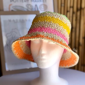 Crochet Raffia Bucket Hat, Unique Design Hat, Crochet Beach Hat, Summer Raffia Hat, Vacation Straw Hat, Woven Raffia Hat, Handmade Gift