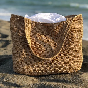 Crochet Raffia Tote Bag, Summer Straw Shopping Bag For Women, Straw Beach Shoulder Bag Camel