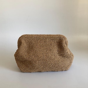 Raffia Camel Clutch Bag For Women, Knitted Summer Raffia Handbag, Pouch Clutch Bag With Hidden Metal Locked