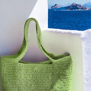 Grüne häkeln Raffia Einkaufstasche, Sommer Stroh Einkaufstasche für Frauen, Stroh Strand Schultertasche