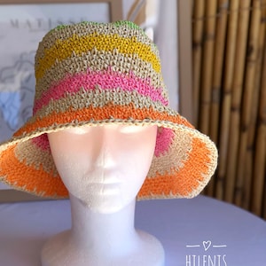 Crochet Raffia Bucket Hat, Unique Design Hat, Crochet Beach Hat, Summer Raffia Hat, Vacation Straw Hat, Woven Raffia Hat, Handmade Gift