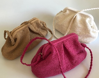Handmade Raffia Clutch Bag, Knitted Straw Pouch, Wedding Dumpling Clutch Bag
