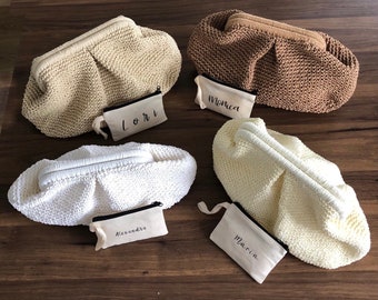 Handgemachte Clutch-Tasche aus Raffia, gehäkelte personalisierte Text-Clutch, Stroh-Strandtasche für Frauen, Raffia-Clutch