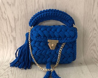 Multi Color Bag, Crochet Saxe Blue Color Designer Bag, Knitted Colorful Shoulder Bag For Women, Capri Luxury Bag