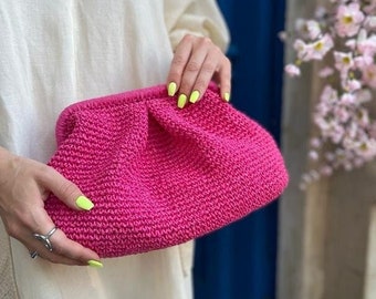 Small Raffia Fuchsia Pouch Clutch Bag For Women, Straw Knitted Raffia Bag, Woven Summer Dumpling Bag