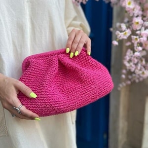 Small Raffia Fuchsia Pouch Clutch Bag For Women, Straw Knitted Raffia Bag, Woven Summer Dumpling Bag