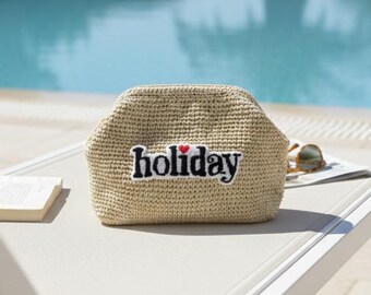 Crochet Beige Raffia Pouch Clutch Bag, Summer Straw Holiday Clutch Bag, Crochet Personalized Text Bag