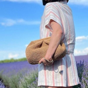 Handgemachte Raffia Clutch Tasche, Raffia Kamel Clutch für Frauen, Natürliche Sommer Handtasche, Stroh Sommer Tasche