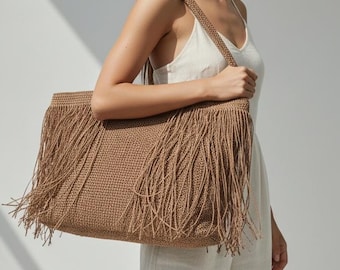 Borsa tote estiva da donna, borsa da spiaggia con frange di paglia, borsa a tracolla grande, borsa intrecciata boho