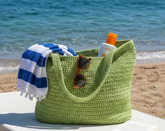 Green Crochet Raffia Tote Bag, Summer Straw Shopping Bag for Women