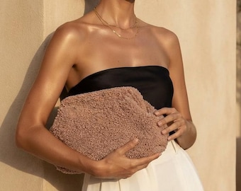 Handmade Beige Teddy Clutch Bag: Crochet Wool Pouch