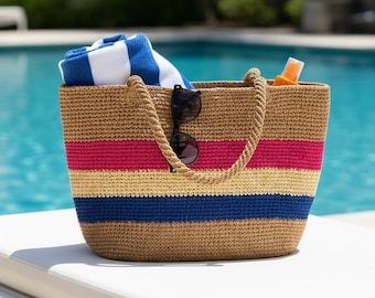 Gehäkelte Bast Einkaufstasche, Stroh Bunte Strandtasche, große Schultertasche, Boho gewebte Tasche