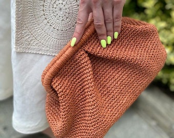 Crochet Pouch Clutch Bag, Small Raffia Cinnamon Clutch Bag For Women, Straw Summer Raffia Bag