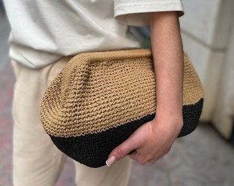 Raffia Camel Clutch Bag For Women, Natural Summer Handbag, Straw Knitted Raffia Bag