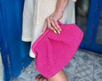 Gehäkelte rosa Beutel-Clutch-Tasche, beige Bast-Clutch-Tasche, gewebte Stroh-Sommerhandtasche