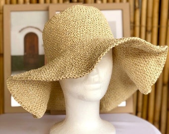 Handmade Vintage Crochet Raffia Hat, Straw Floppy Hat, Bow Hat Pattern, Woven Beach Hat, Summer Hat, Summer Raffia Hat, Raffia Woven Hat