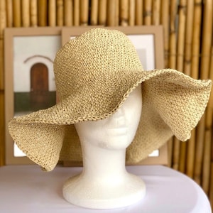Handmade Vintage Crochet Raffia Hat, Straw Floppy Hat, Bow Hat Pattern, Woven Beach Hat, Summer Hat, Summer Raffia Hat, Raffia Woven Hat