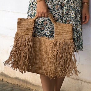 Summer Raffia Tote Bag, Straw Fringed Shopper Bag, Crochet Raffia Beach Tote Bag