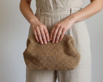 Raffia Camel Clutch Bag For Women, Knitted Summer Raffia Handbag, Pouch Clutch Bag With Hidden Metal Locked