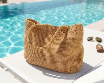 Summer Tote Bag For Women, Camel Straw Beach Shoulder Bag, Crochet Woven Raffia Large Tote Bag
