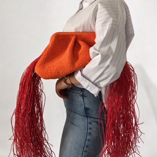 Summer Raffia Clutch Bag For Women, Straw Fringed Clutch Bag, Crochet Wedding Pouch Clutch Bag