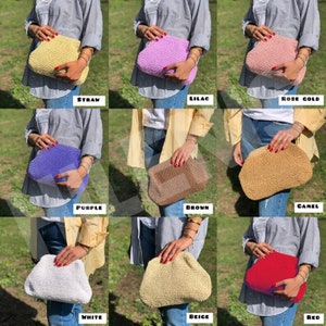 May include: A collection of nine crochet clutch bags in various colors including straw, lilac, rose gold, purple, brown, camel, white, beige, and red. Each bag features a textured woven pattern and a rounded, soft-sided frame design.