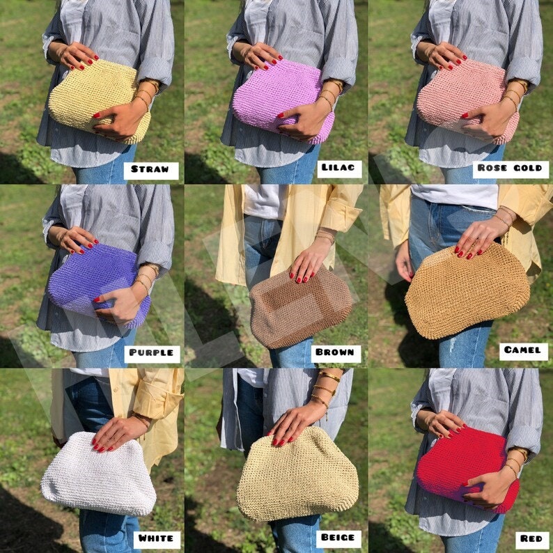 May include: A collection of nine crochet clutch bags in various colors including straw, lilac, rose gold, purple, brown, camel, white, beige, and red. Each bag features a textured woven pattern and a rounded, soft-sided frame design.